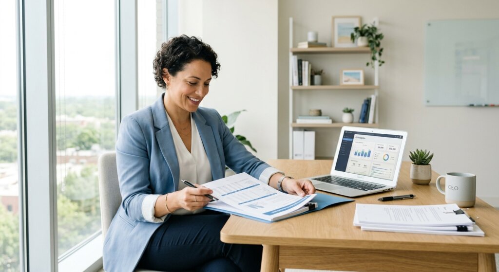 Business owner reviewing organized financial reports