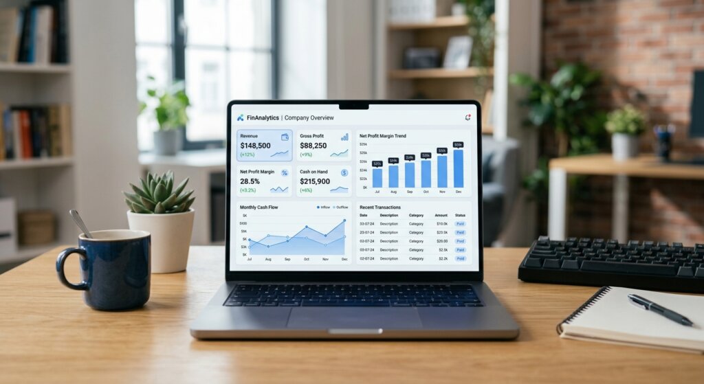 Financial analytics dashboard showing revenue, profit margins, cash flow, and KPI metrics